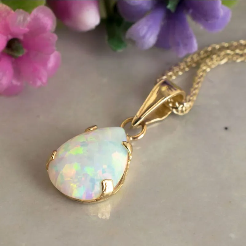 14K Gold Opal Pendant, 7x10mm, October Birthstone Necklace