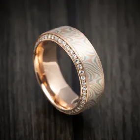 14K Rose Gold Men's Ring with Mokume Gane Inlay and Eternity Diamonds