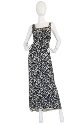 1930s Blue and Cream Bias Cut Silk Floral Print Dress