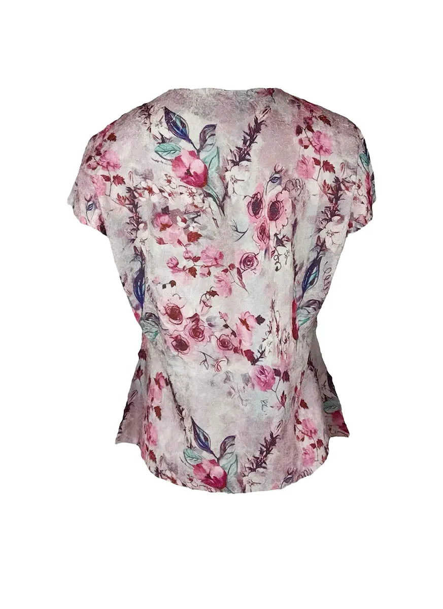 7240017 Floral Printed Pleated Top *Pink