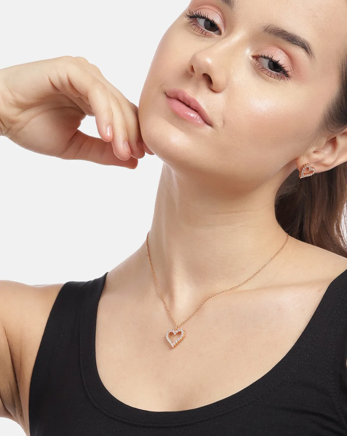 925 Sterling Silver 18kt Rose Gold Plated with CZ Heart Necklace and Earring for women