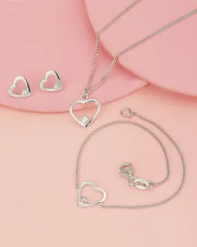 925 Sterling Silver Rhodium Plated with CZ Heart Necklace and Earring with Bracelet for women