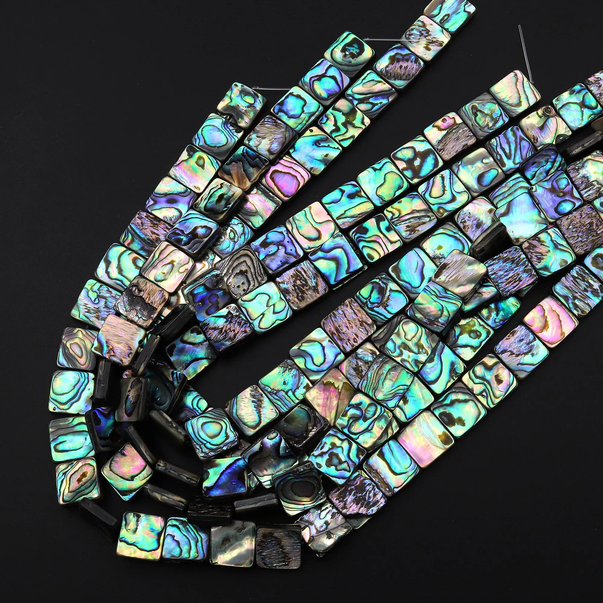 AAA Genuine Abalone Square 8mm 10mm 12mm Bead Iridescent Rainbow Glow Blue Green Red Pink Flash 15.5" Strand