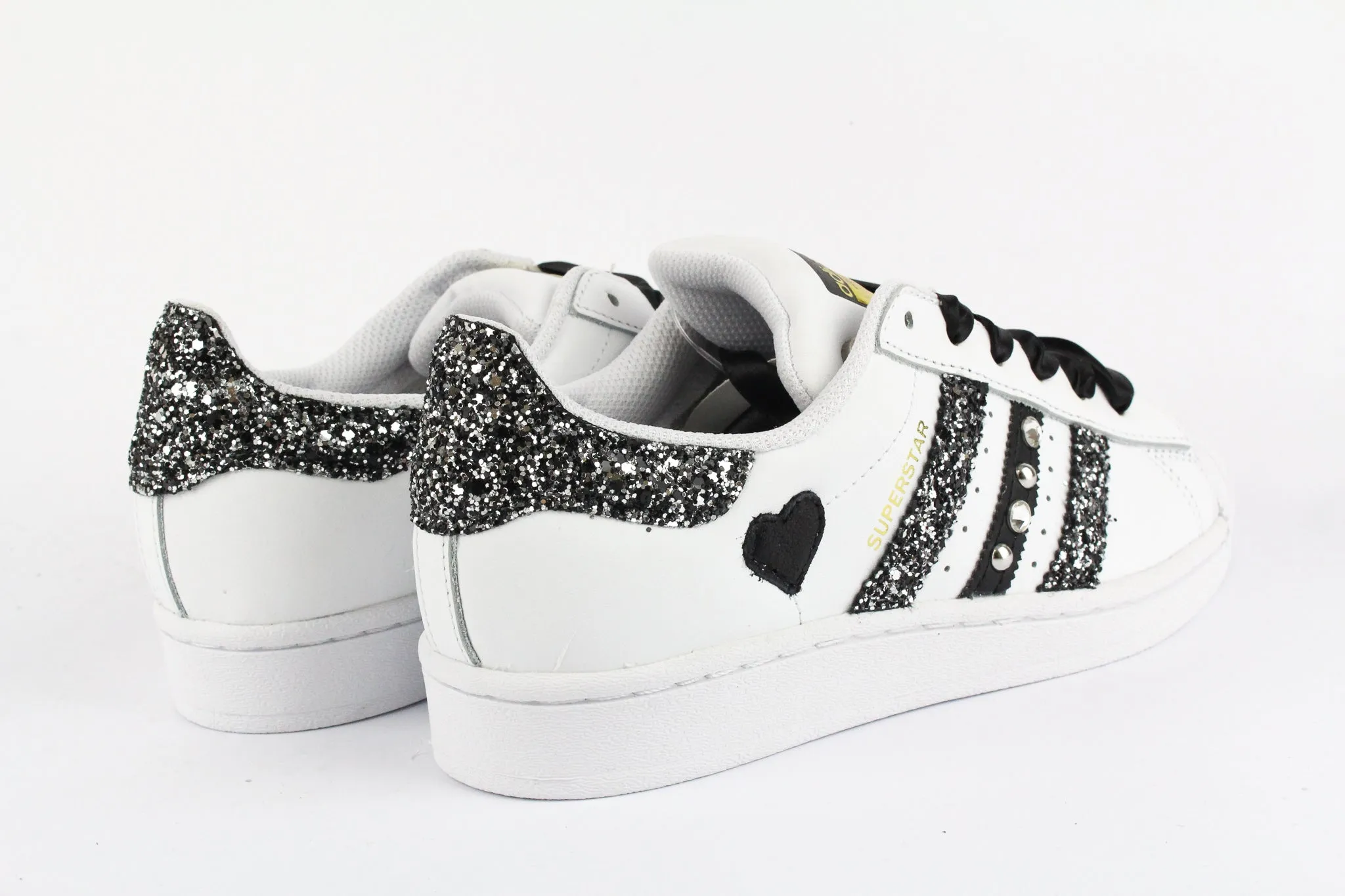 Adidas Superstar Glitter Black Silver Cuore Strass & Lacci Raso