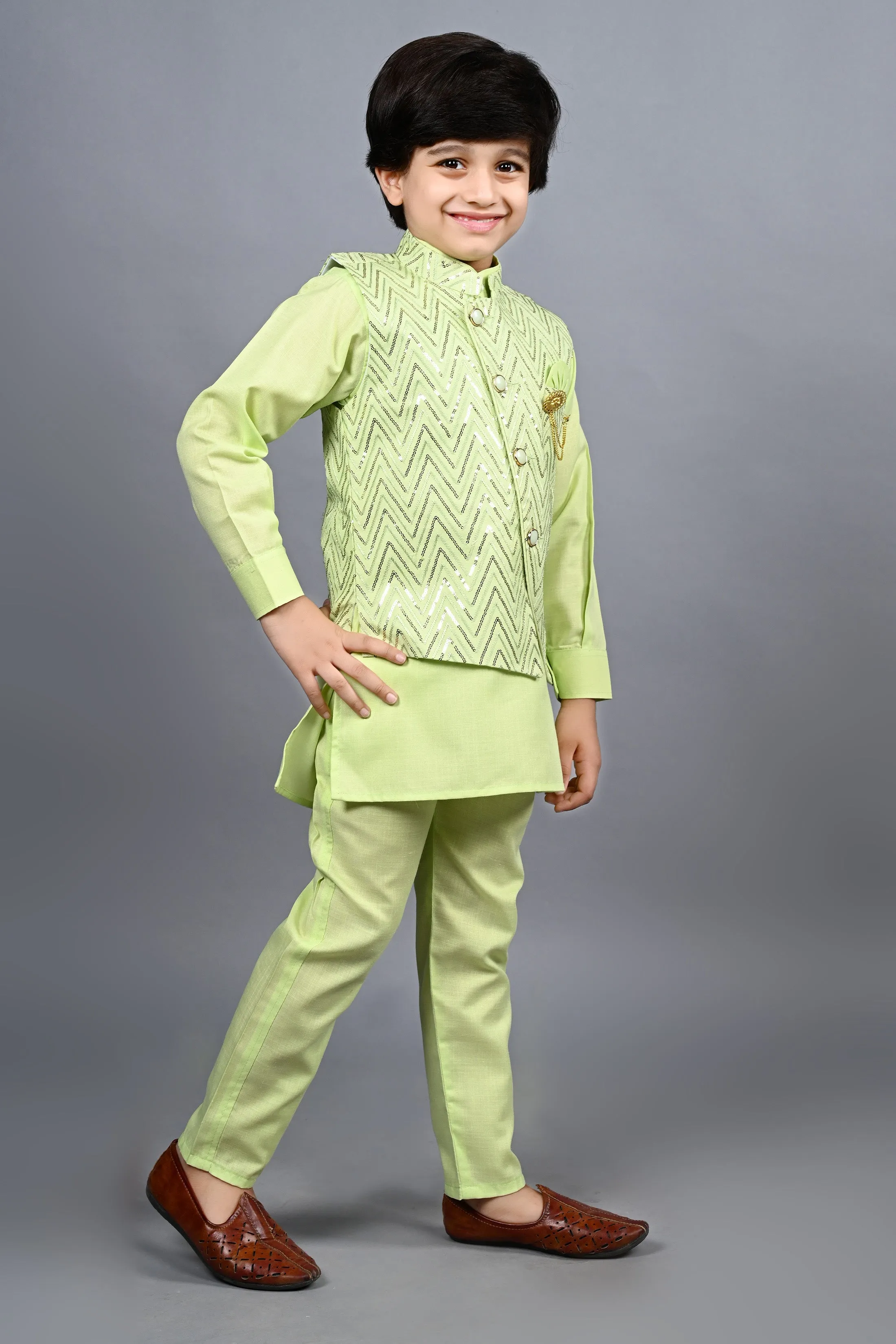 Ahhaaaa Kids Bollywood Style Print Indo-Western Sherwani Set For Boys