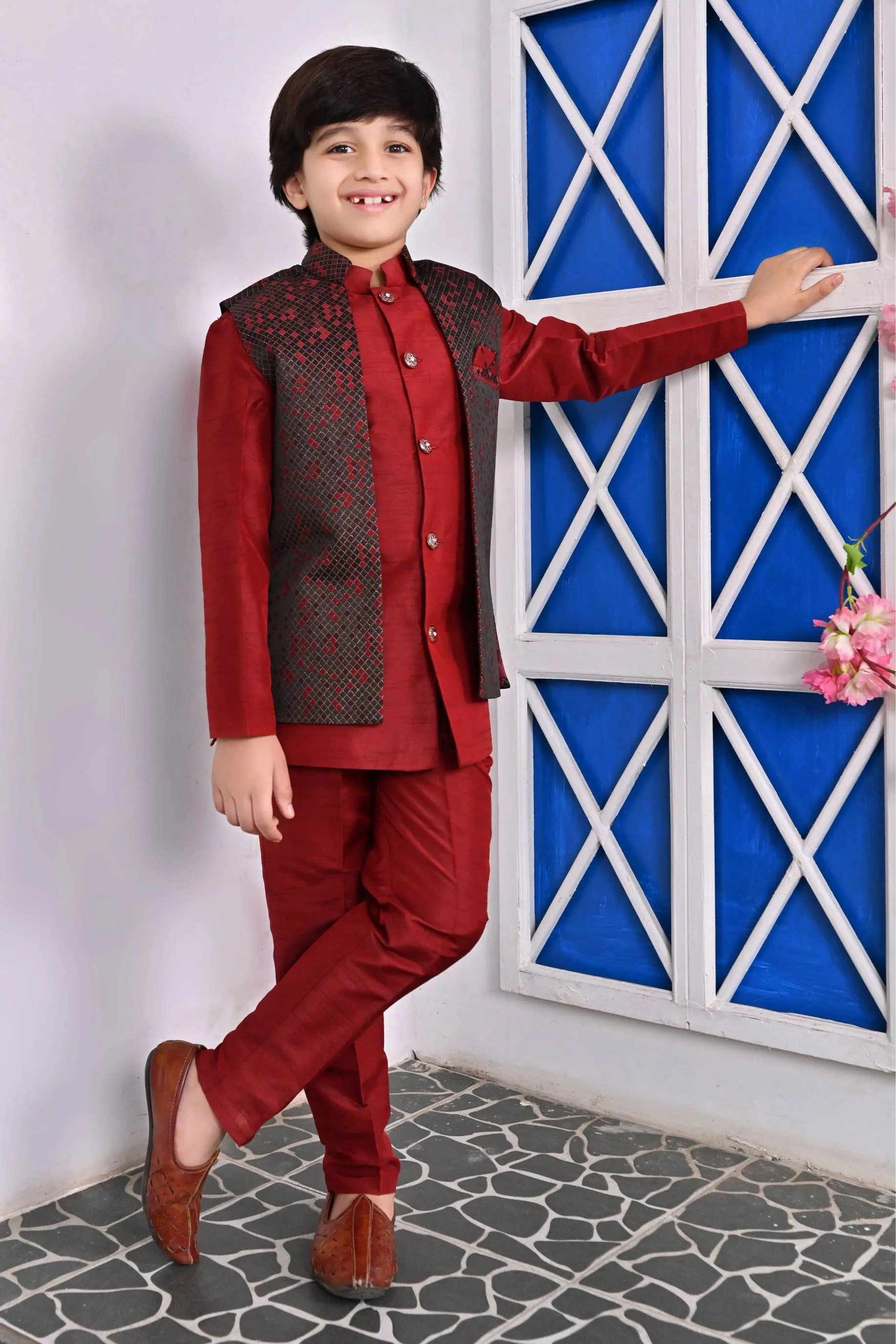 Ahhaaaa Kids Ethnic Silk Blend Waistcoat Kurta Pyjama 3 Piece Sherwani Set For Boys