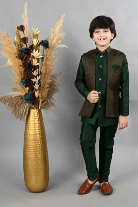 Ahhaaaa Kids Ethnic Silk Blend Waistcoat Kurta Pyjama 3 Piece Sherwani Set For Boys