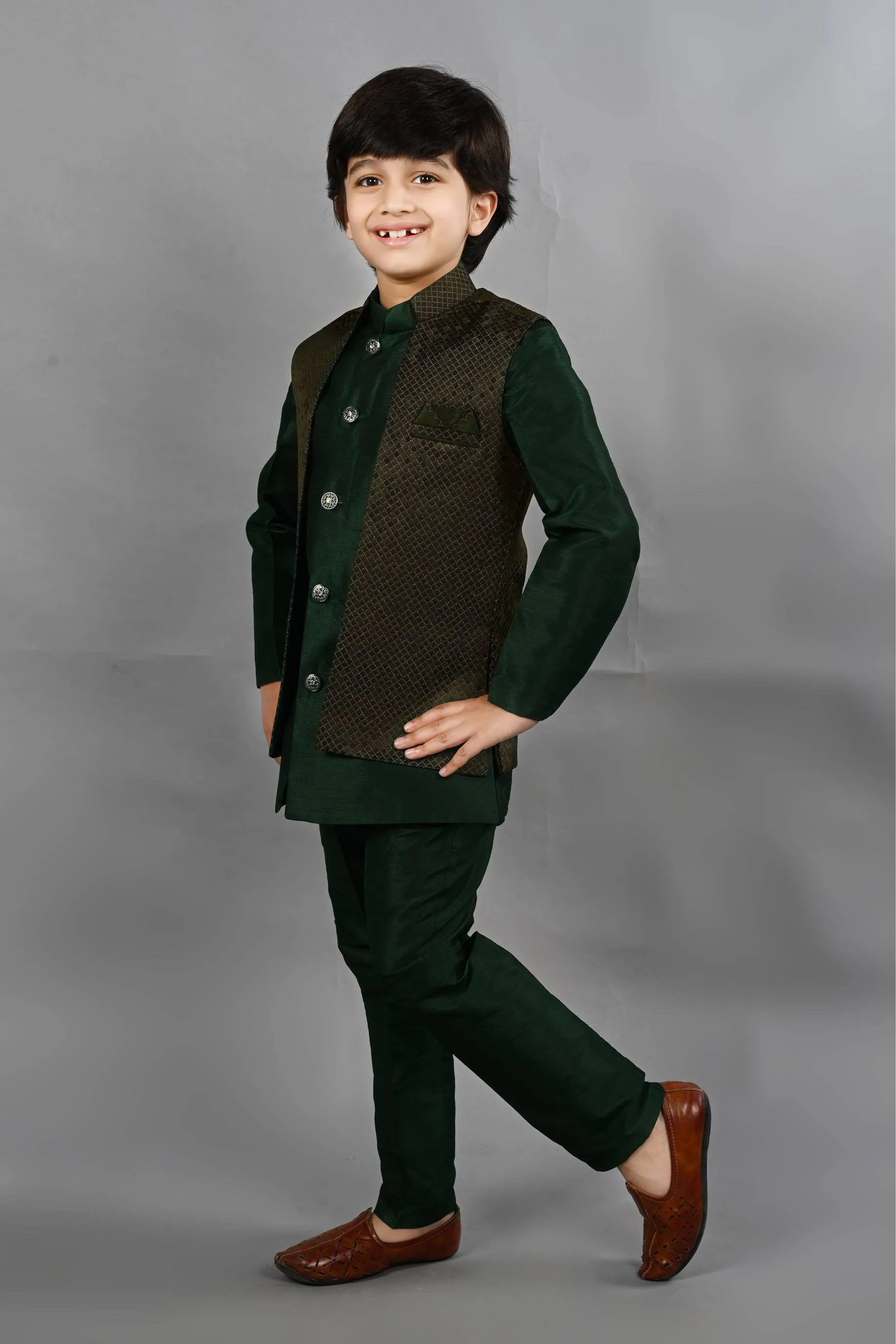 Ahhaaaa Kids Ethnic Silk Blend Waistcoat Kurta Pyjama 3 Piece Sherwani Set For Boys