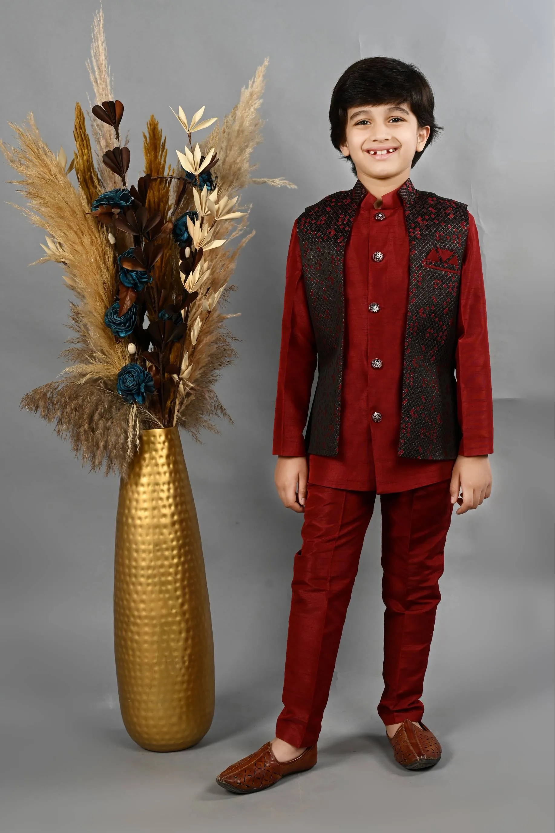 Ahhaaaa Kids Ethnic Silk Blend Waistcoat Kurta Pyjama 3 Piece Sherwani Set For Boys