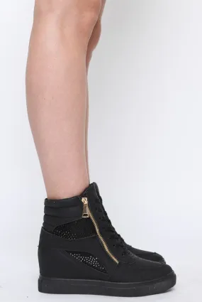 All Black Wedged Diamante Trainers - Adriana