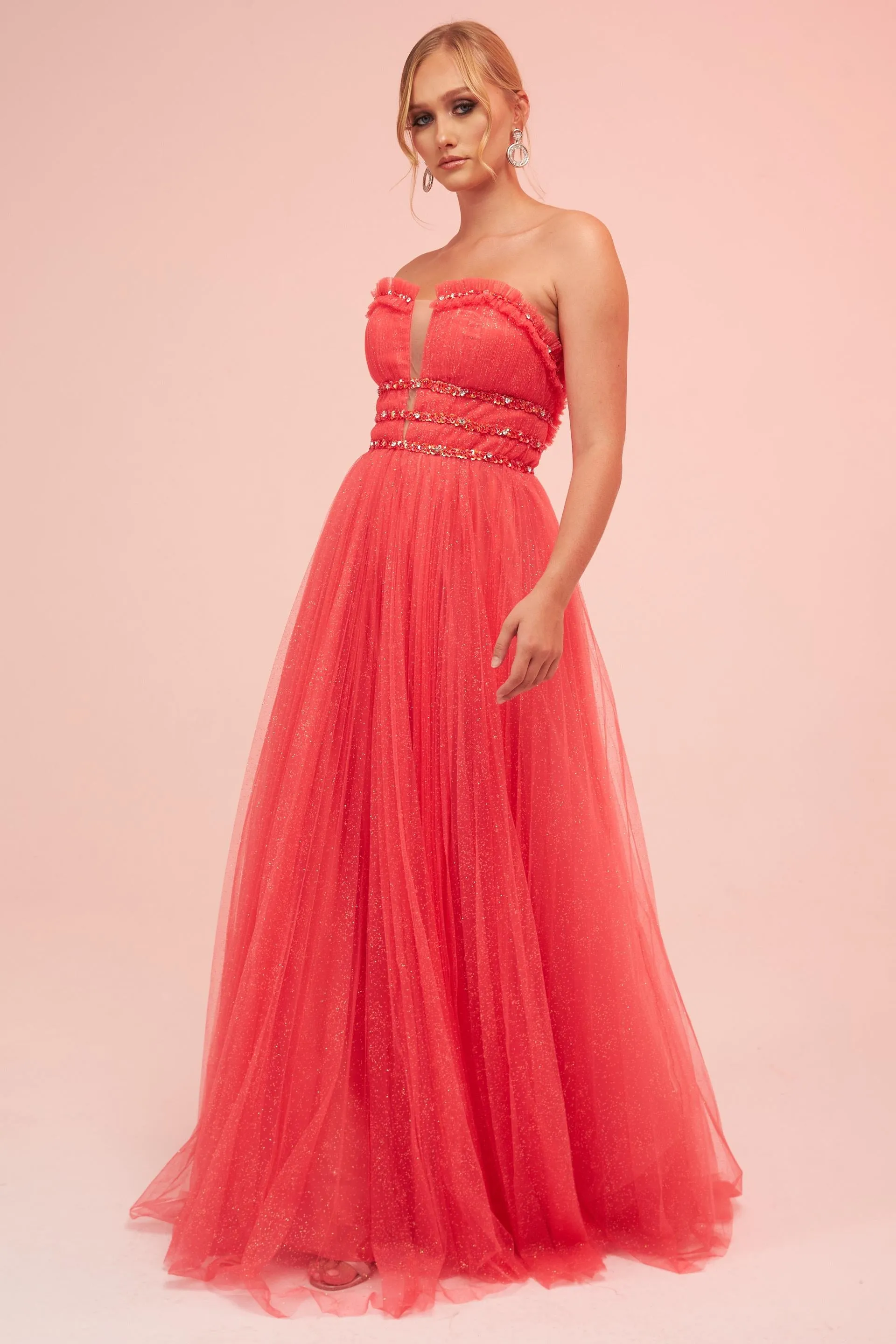 Angelino Coral Strapless Backless Tulle Engagement Dress