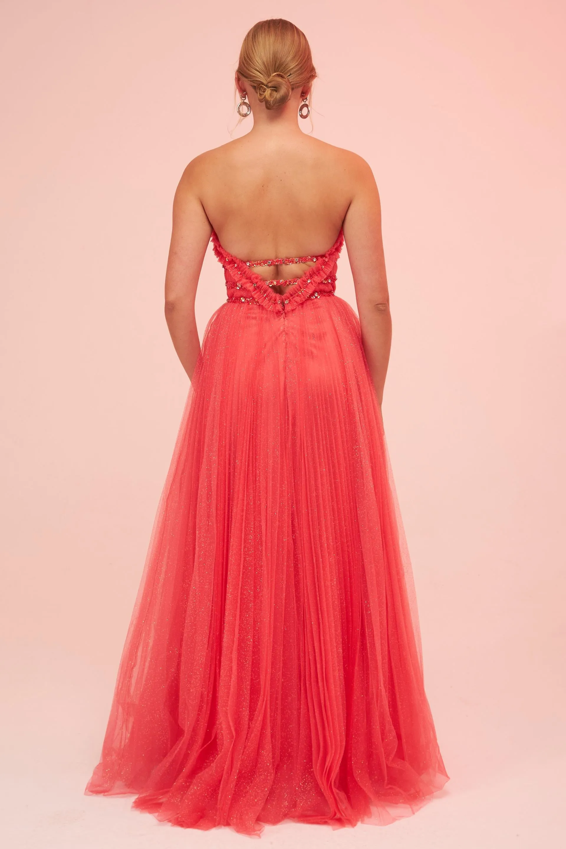 Angelino Coral Strapless Backless Tulle Engagement Dress