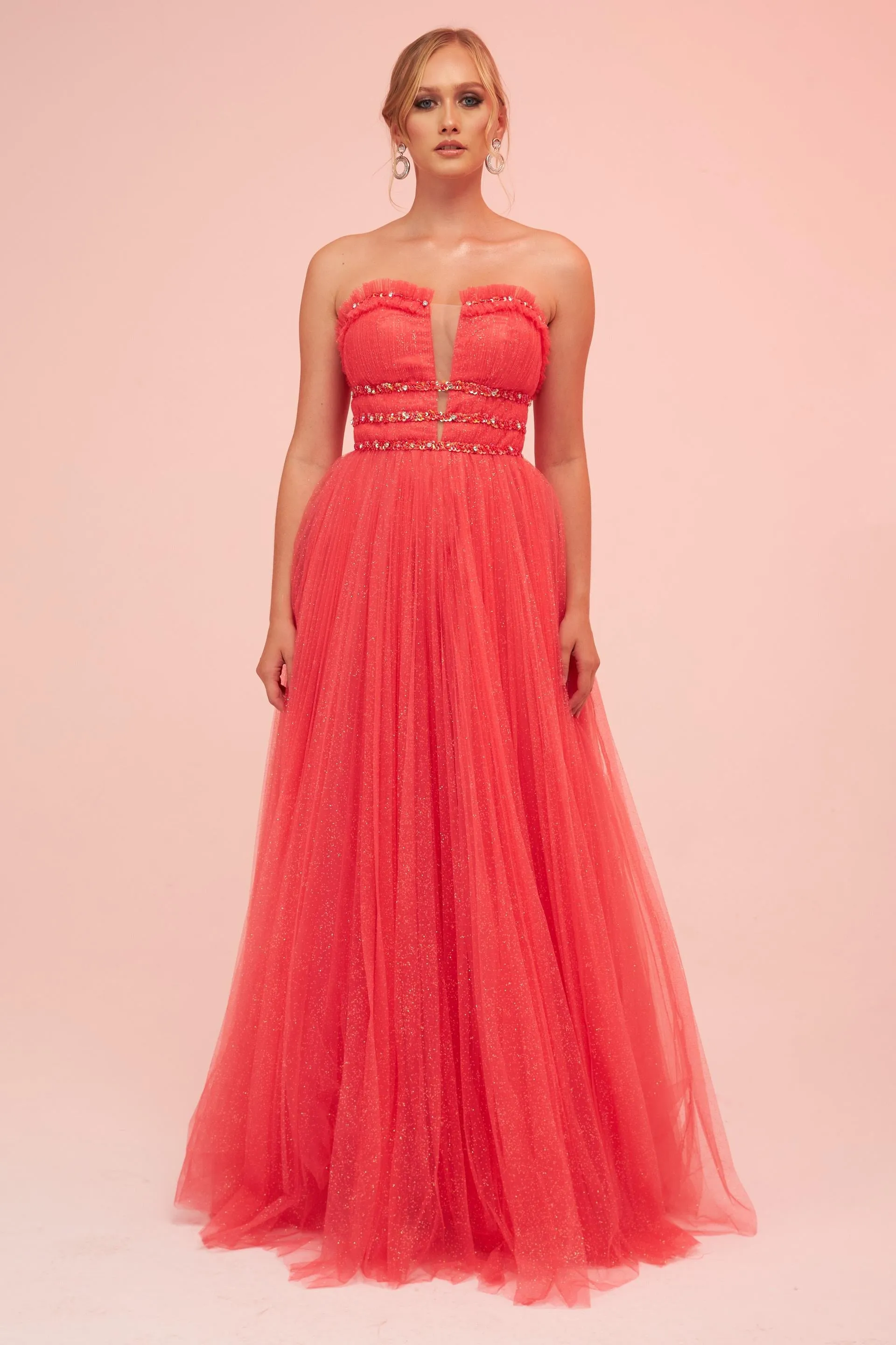 Angelino Coral Strapless Backless Tulle Engagement Dress