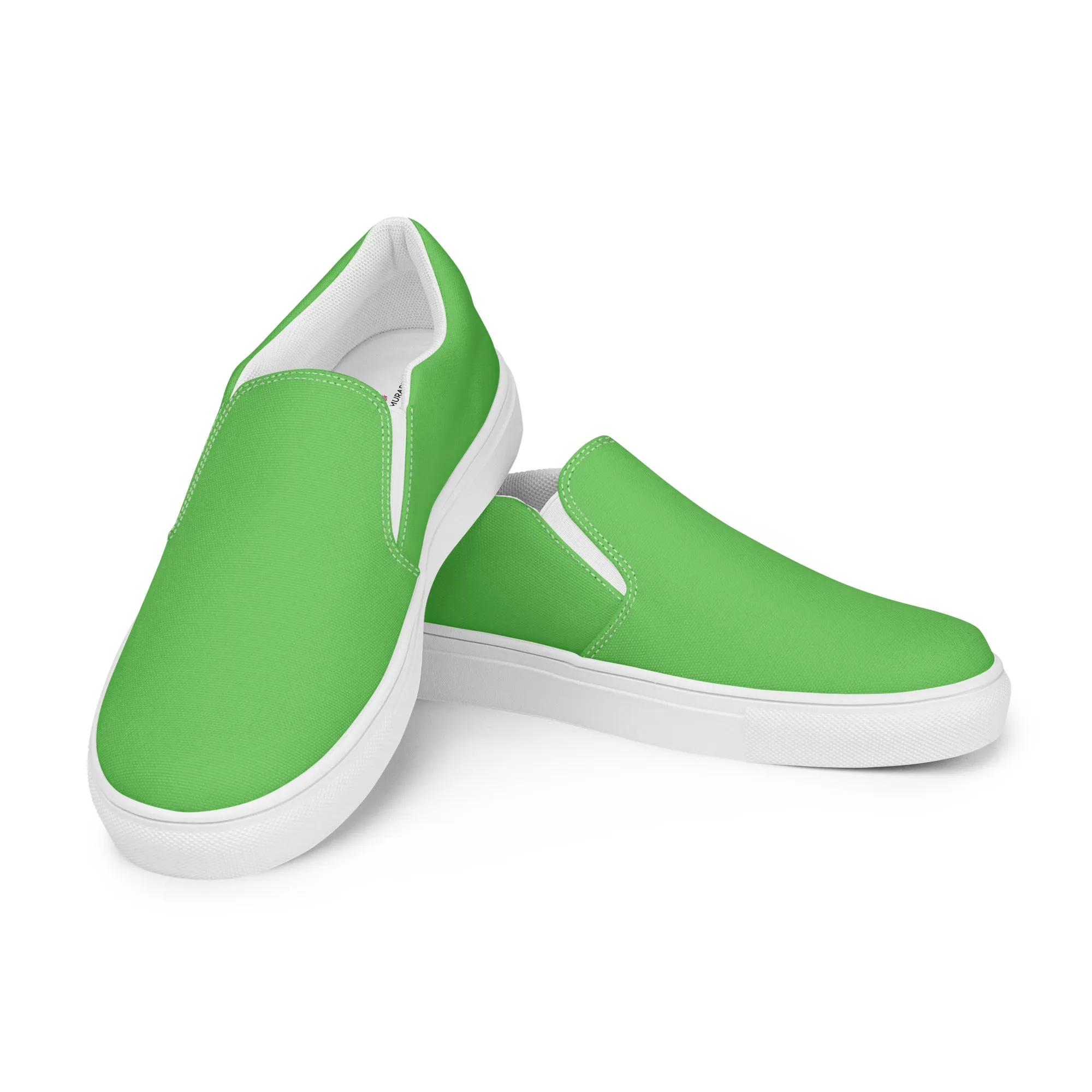 Apple Green Slip Ons For Men, Solid Bright Green Color Best Casual Breathable Men’s Slip-on Canvas Shoes (US Size: 5-13)