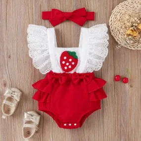 Baby Girl 2pc Strawberry Ruffled Romper Headband Set