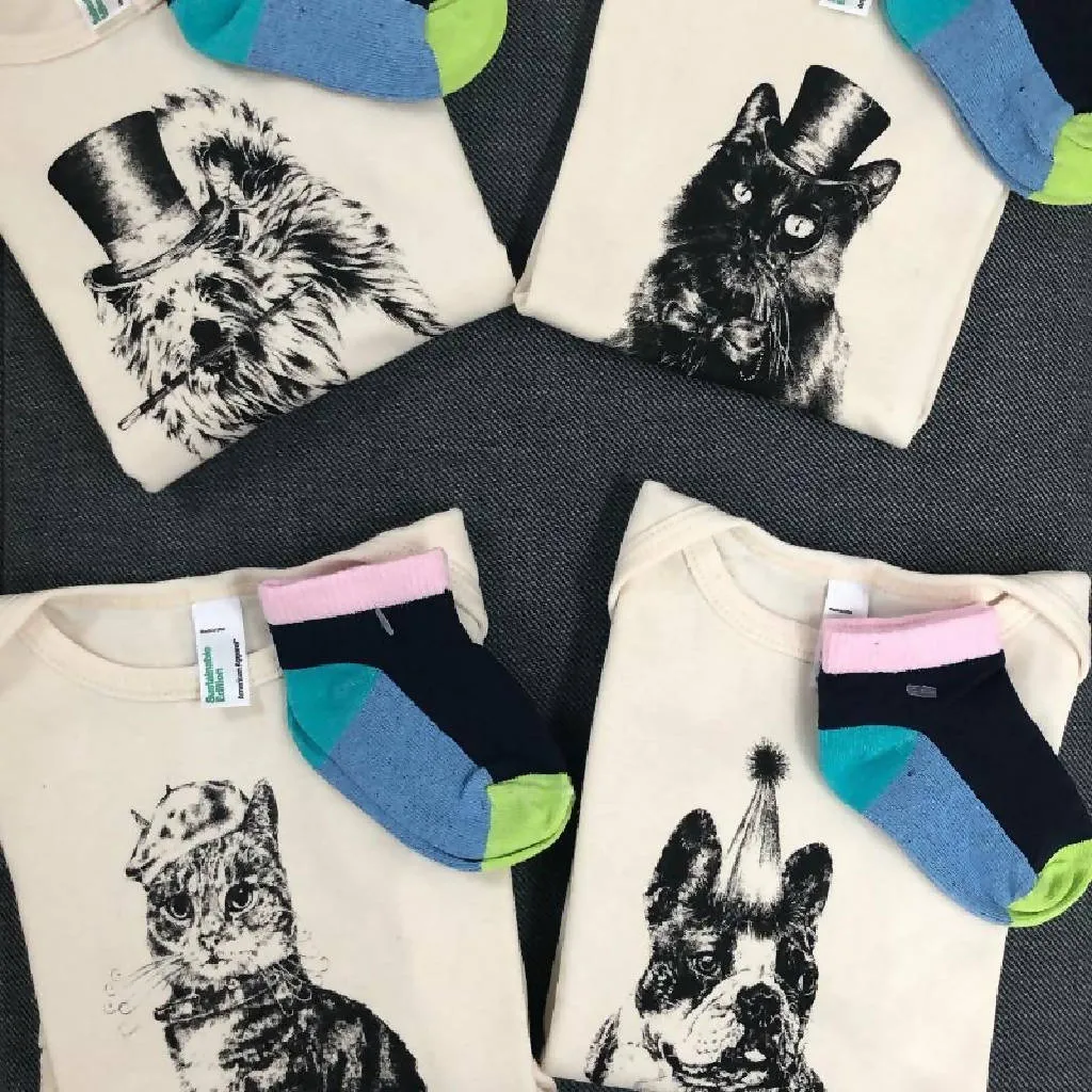 Baby-grow and sock baby gift set cats and dogs