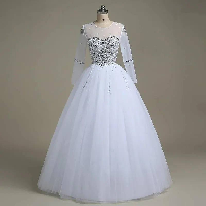 Ball Gown Illusion Pearls Wedding Dress with Lace Beads