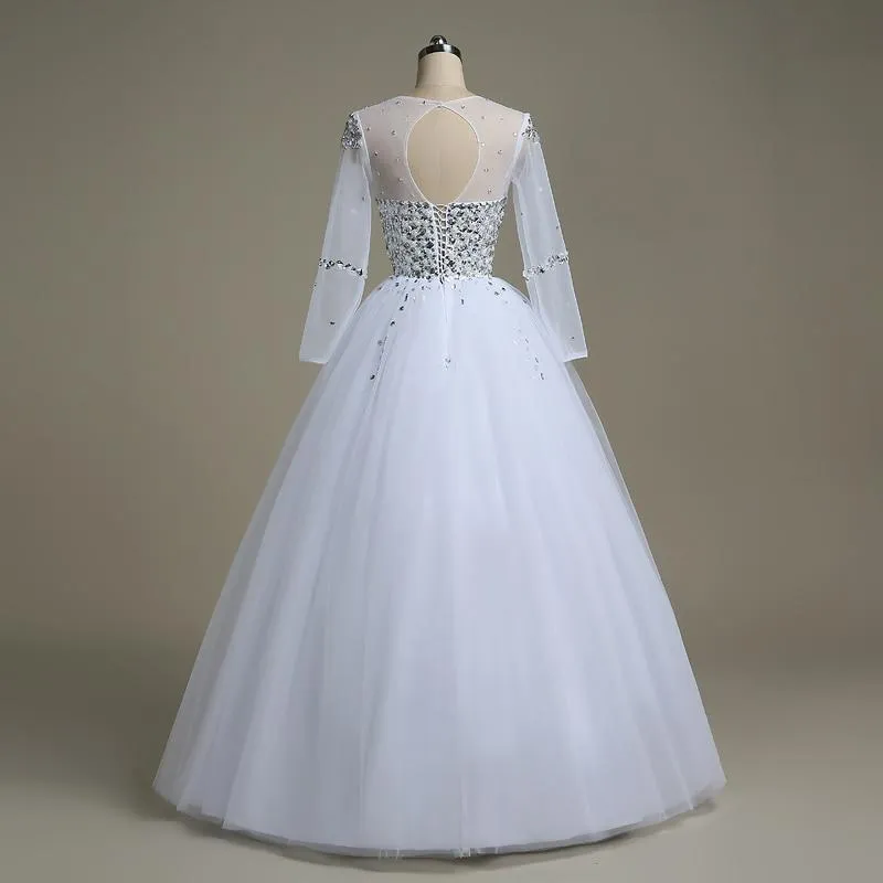 Ball Gown Illusion Pearls Wedding Dress with Lace Beads