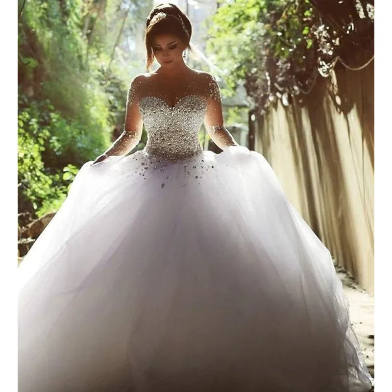 Ball Gown Illusion Pearls Wedding Dress with Lace Beads