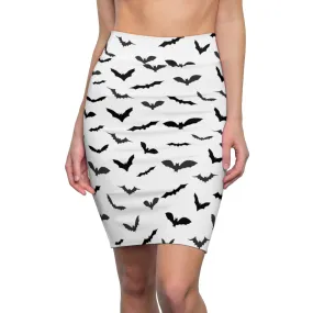 Bats Print Women's Pencil Skirt, Black White Festive Halloween Skirt- Made in USA(Size: XS-2XL)