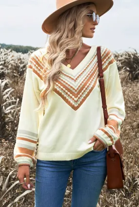 Beige V Neck Contrast Printed Oatmeal Sweater