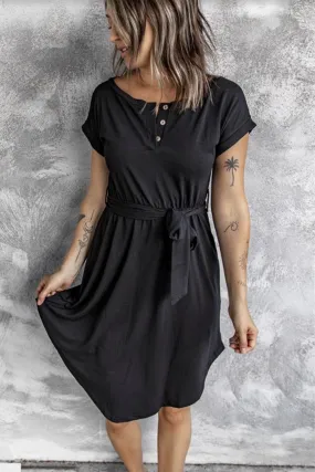 Black Boat Neck Tie Mini Dress