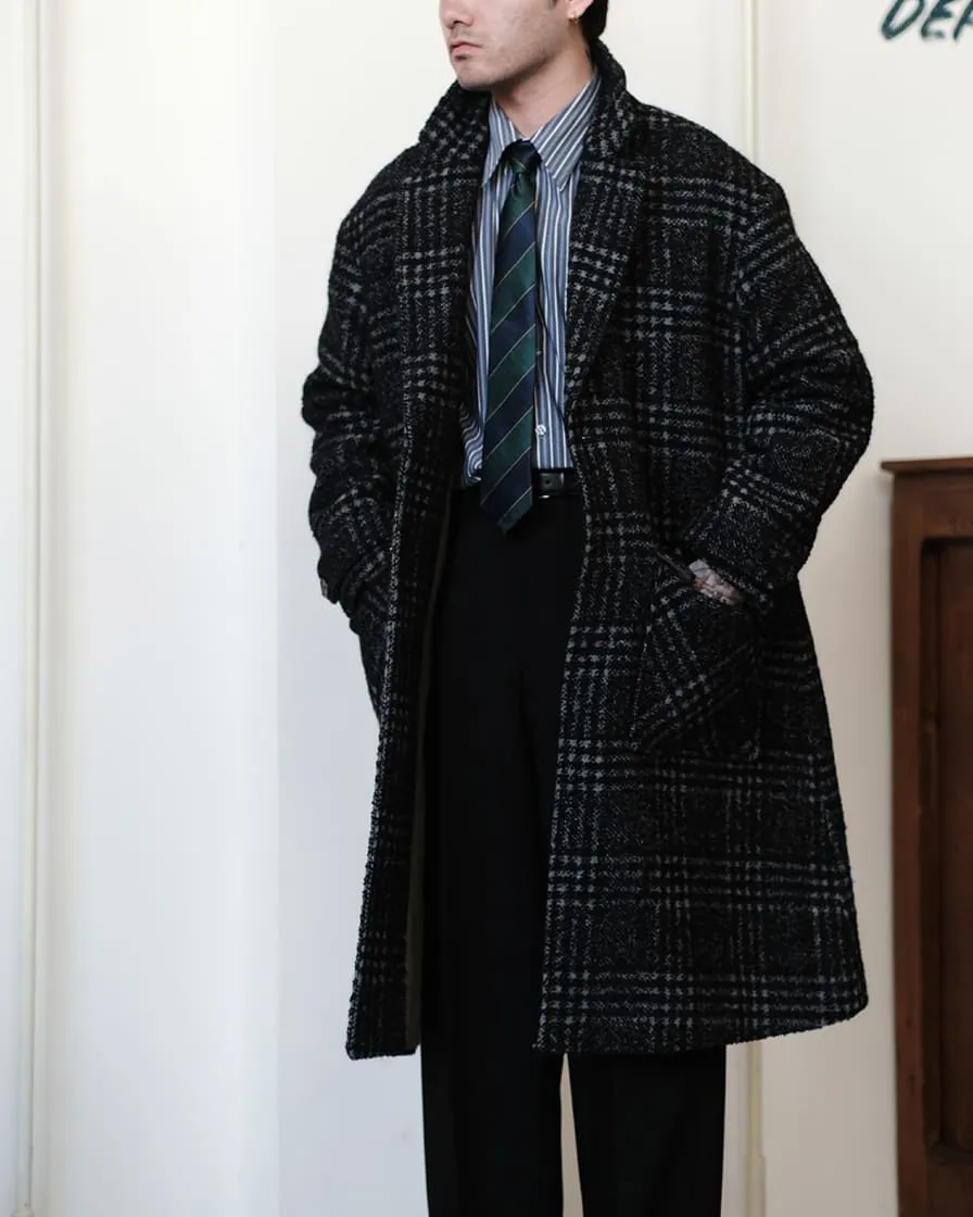 Black Check Wool Raglan Overcoat