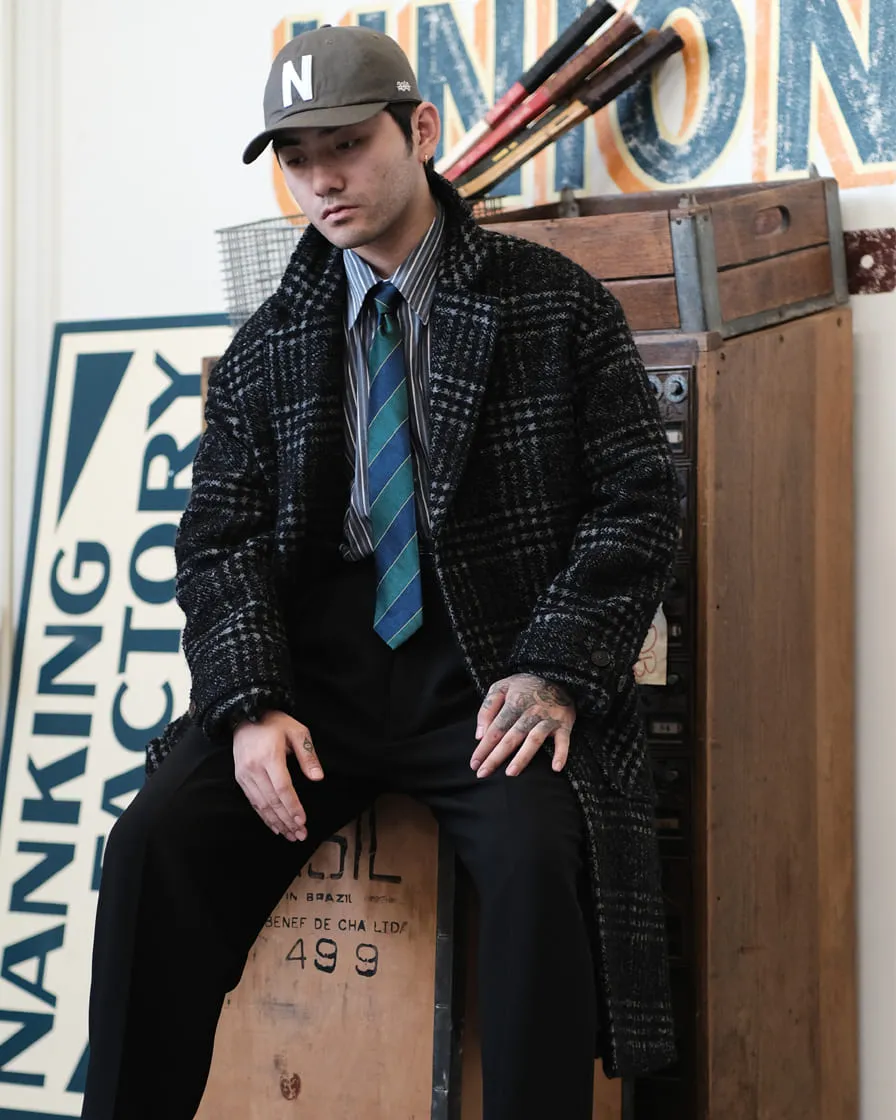 Black Check Wool Raglan Overcoat