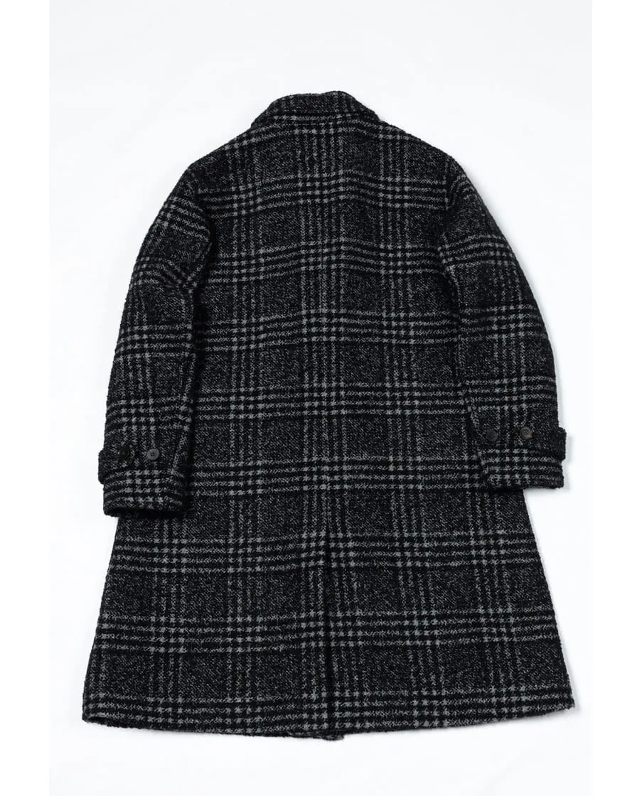 Black Check Wool Raglan Overcoat