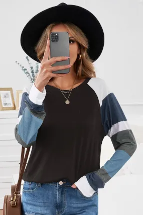 Black Color Block Casual Long Sleeve Top