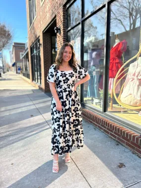 Black Floral Printed Bubble Sleeve Maxi Dress