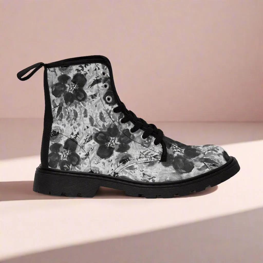 Black Floral Women's Canvas Boots, Flower Rose Print Ladies Fashion Lace-Up Hiking Boots (US Size 6.5-11)