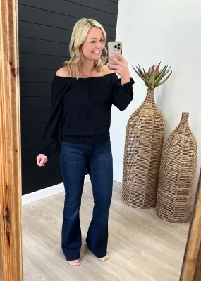 Black Smocked Off The Shoulder Top