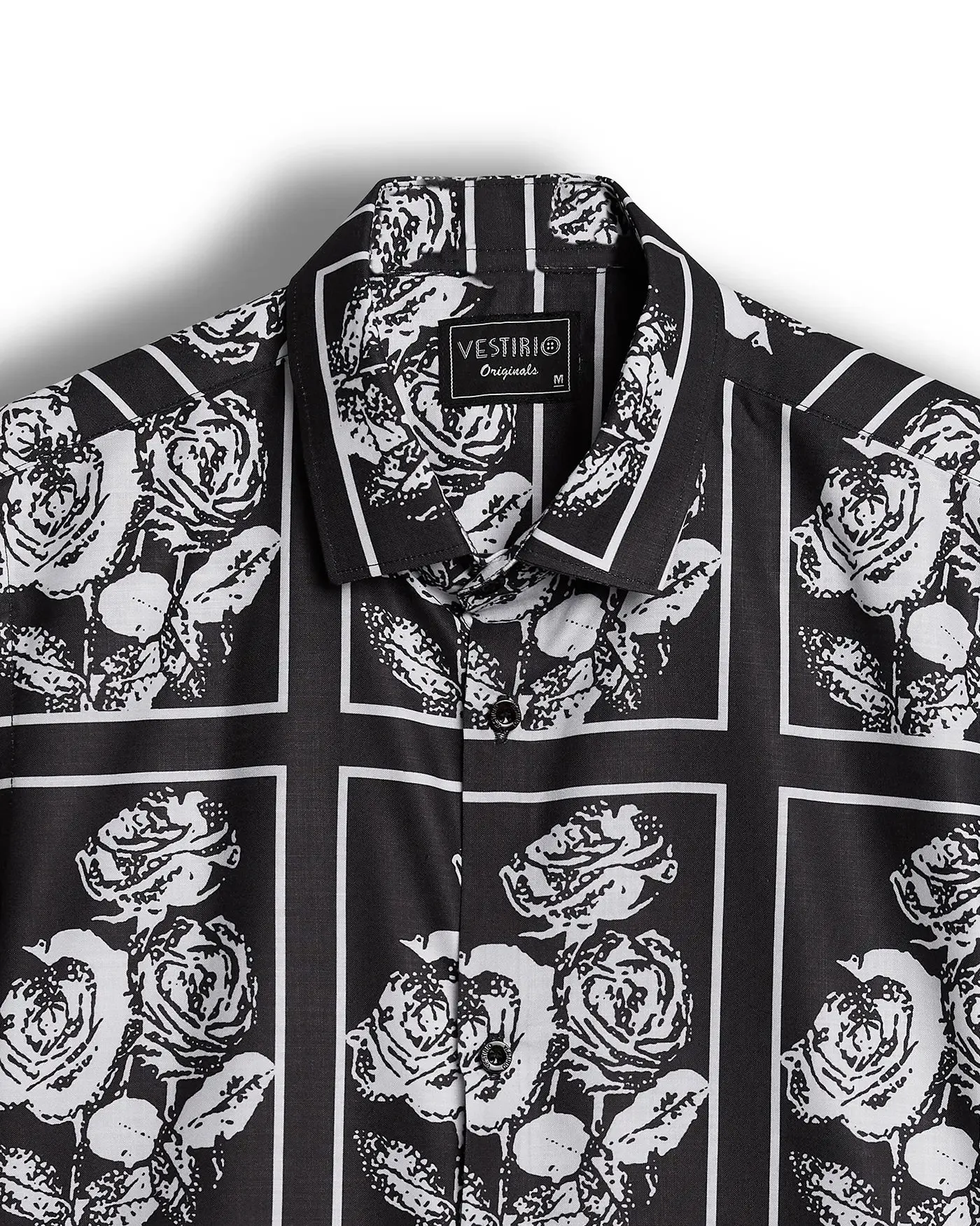 Black with white rose  half sleeves  printed shirt for men