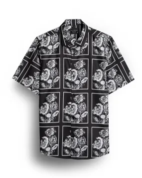 Black with white rose  half sleeves  printed shirt for men