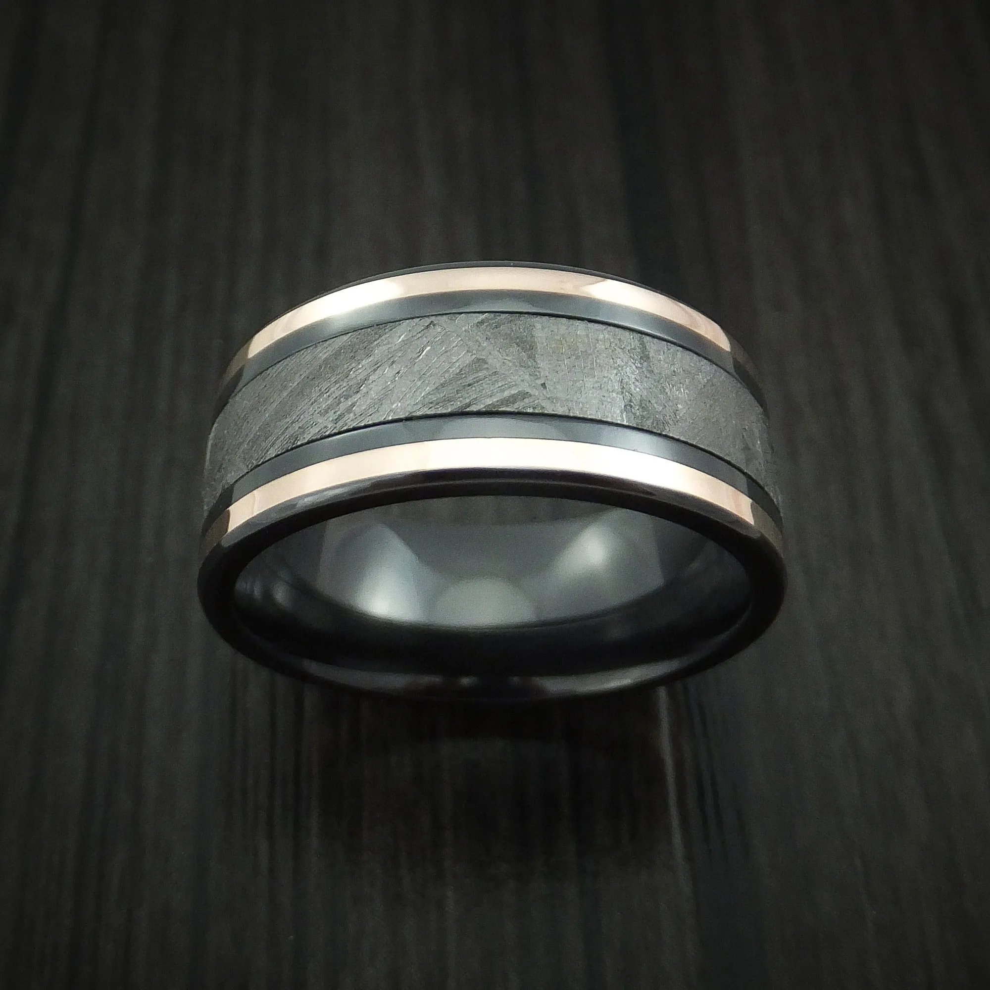 Black Zirconium and Gibeon Meteorite Men's Ring with 14K Rose Gold Inlays Custom Made Band