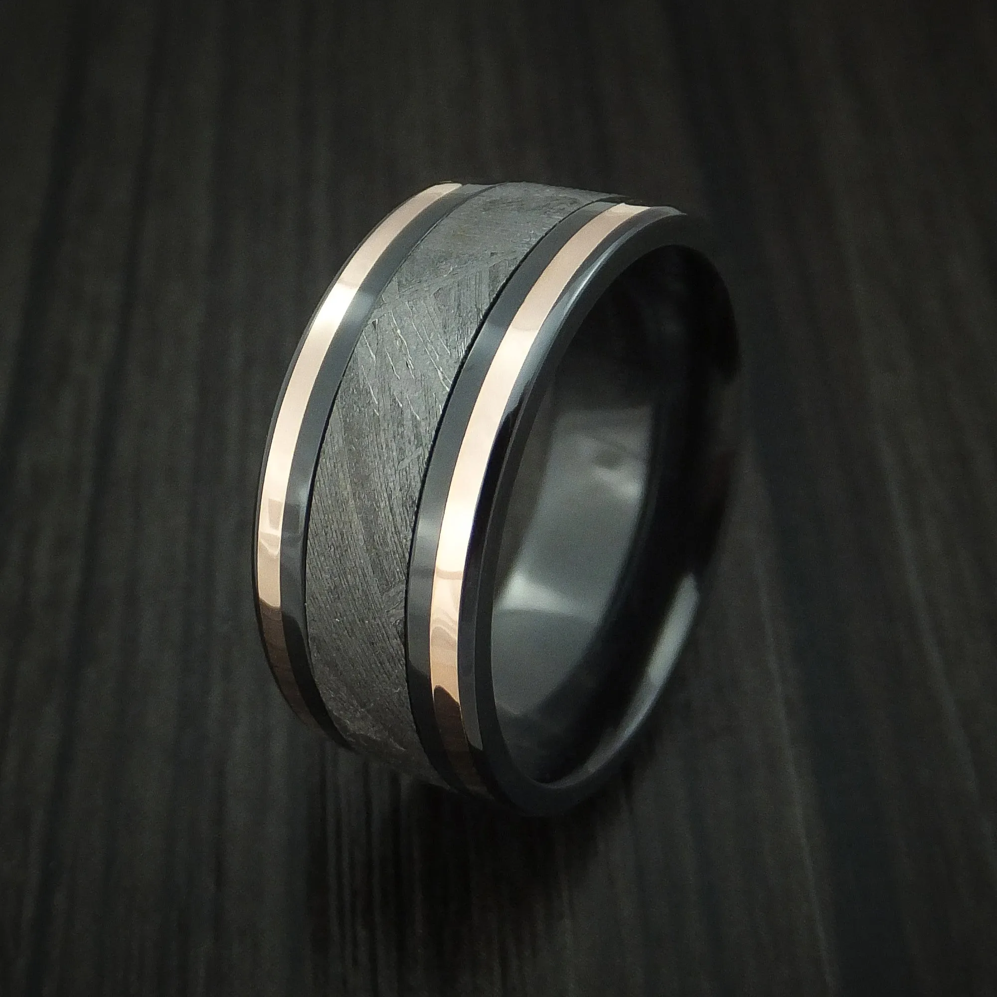 Black Zirconium and Gibeon Meteorite Men's Ring with 14K Rose Gold Inlays Custom Made Band