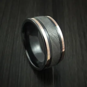 Black Zirconium and Gibeon Meteorite Men's Ring with 14K Rose Gold Inlays Custom Made Band