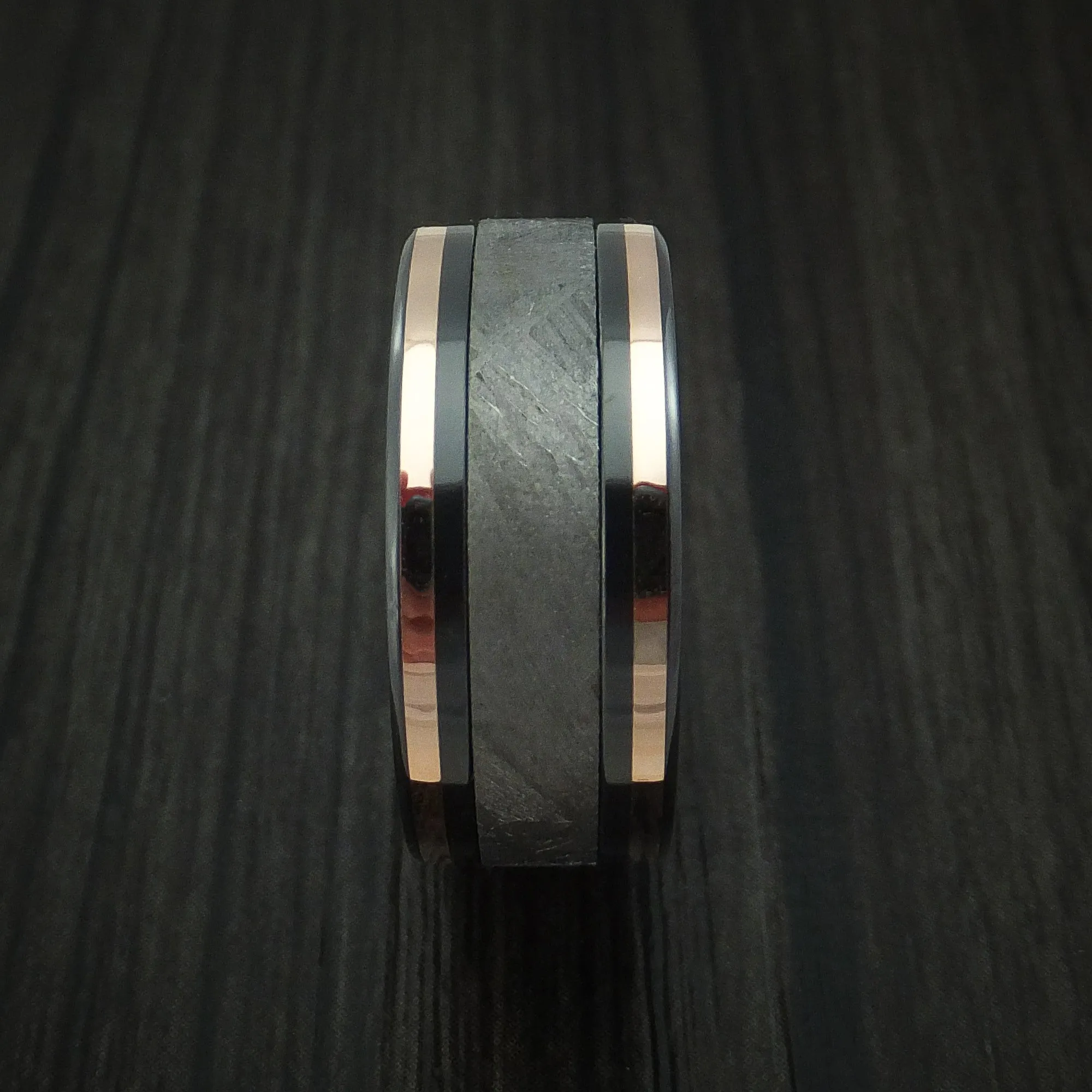 Black Zirconium and Gibeon Meteorite Men's Ring with 14K Rose Gold Inlays Custom Made Band