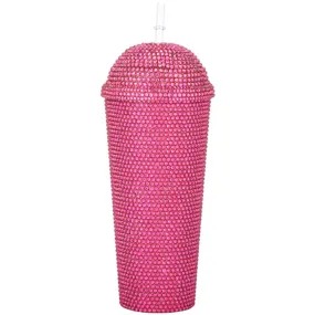 Bling Round Tumbler Cup with Straw - Fuchsia