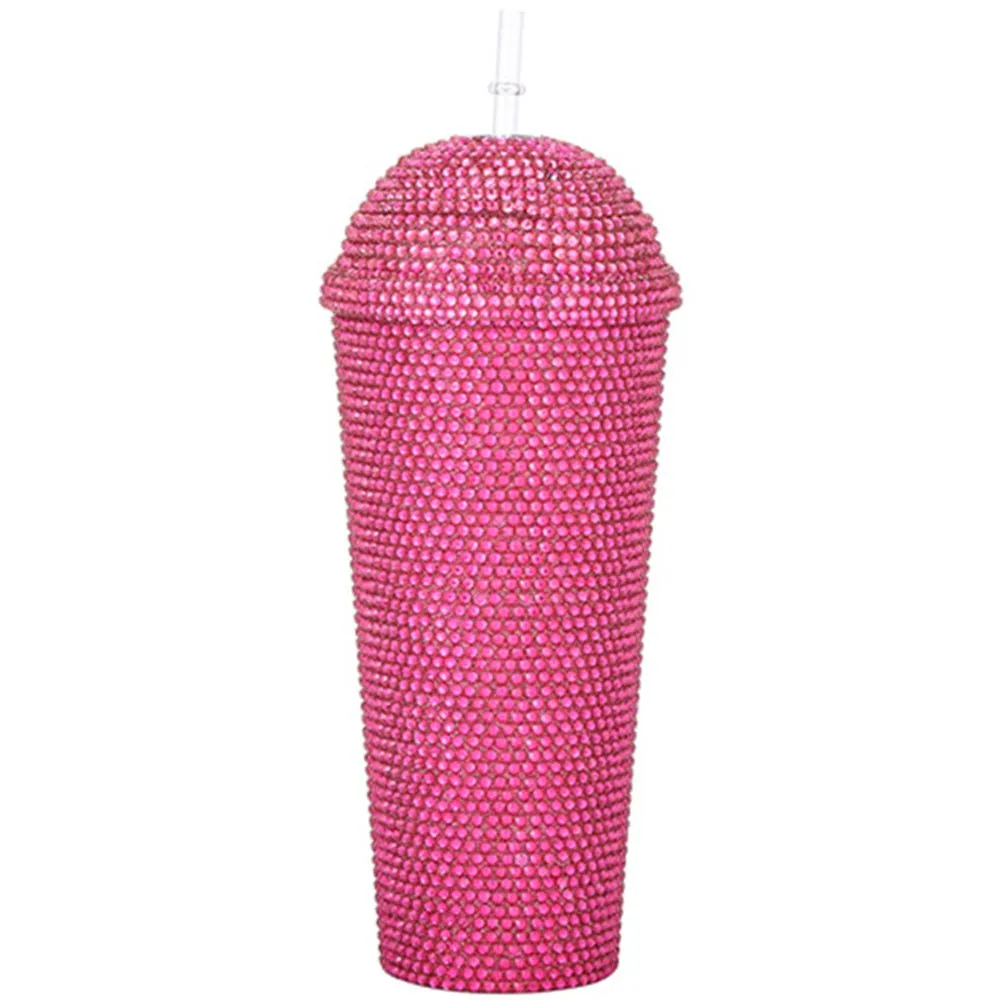 Bling Round Tumbler Cup with Straw - Fuchsia