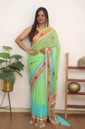 Blue And Green Embroidered Kashmiri Aari Work Georgette Saree