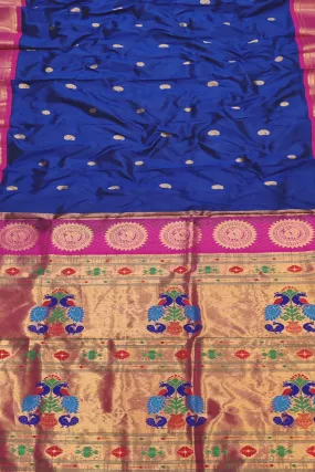 Blue And Pink Peacock Design Pure Silk Paithani Saree - Handloom Craftsmanship