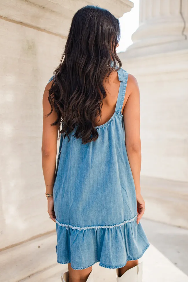 Call It Love Medium Wash Denim Tie Shoulder Dress