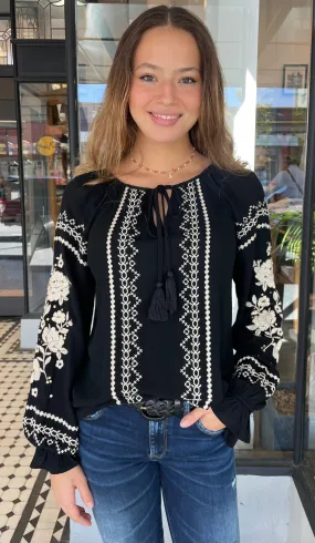 Catalina Sequins Embroidered Long Sleeve Top Black