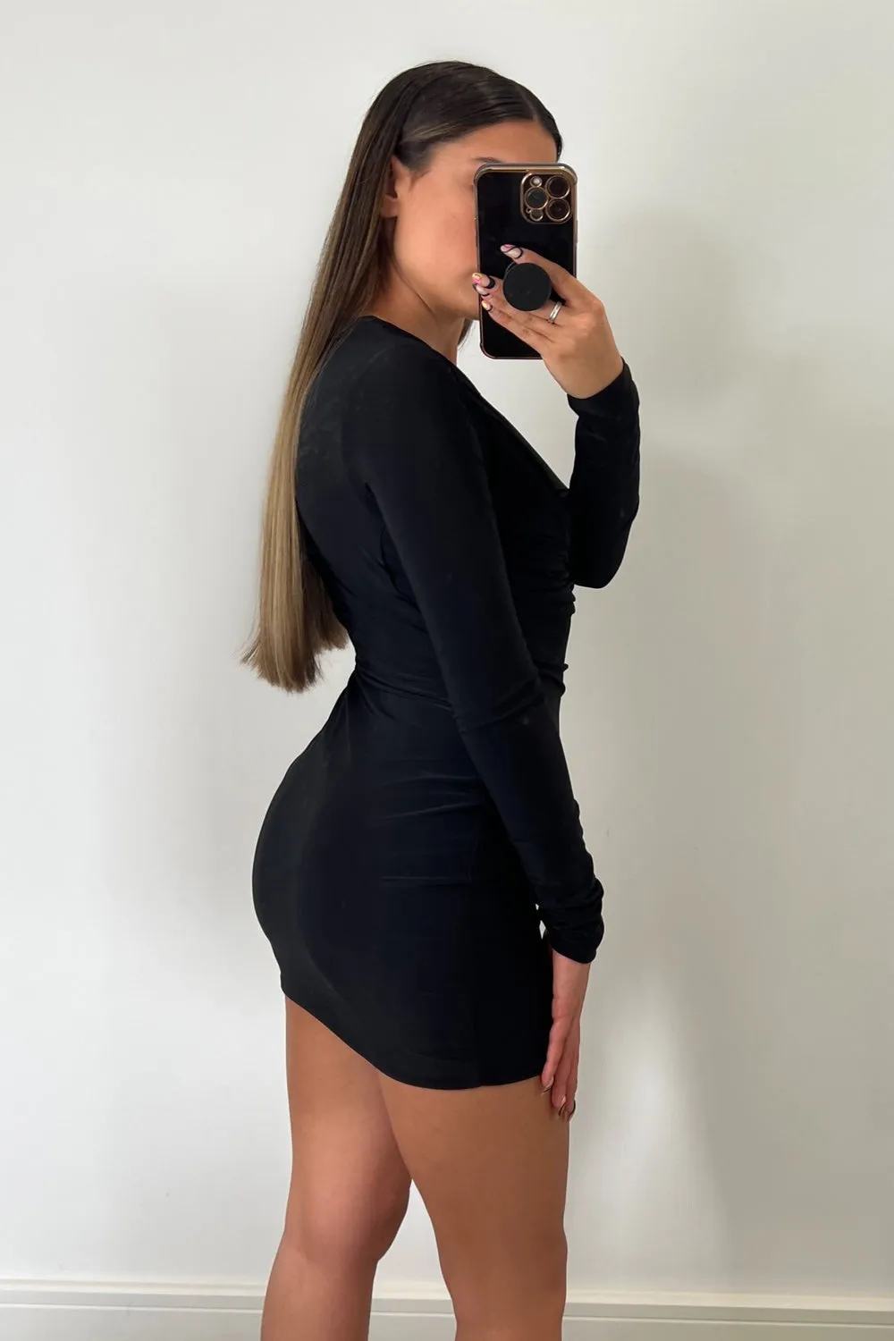 Cierra Black Cowl Neck Long Sleeve Slinky Mini Dress