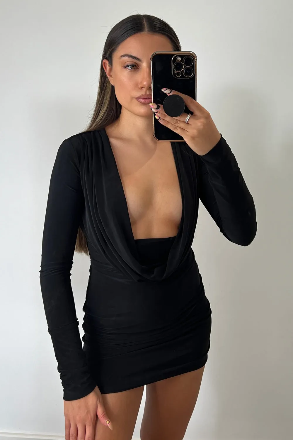 Cierra Black Cowl Neck Long Sleeve Slinky Mini Dress