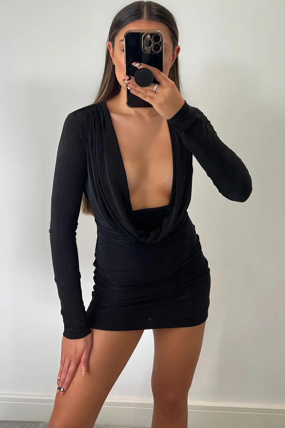 Cierra Black Cowl Neck Long Sleeve Slinky Mini Dress