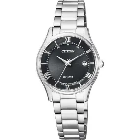 CITIZEN COLLECTION ECO-DRIVE RADIO SILVER STRAP BLACK DIAL LADIES WATCH ES0000-79E