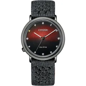 CITIZEN ECO-DRIVE STAINLESS STEEL/KNITTED BLACK STRAP RED DIAL LADIES WATCH EM1007-47E